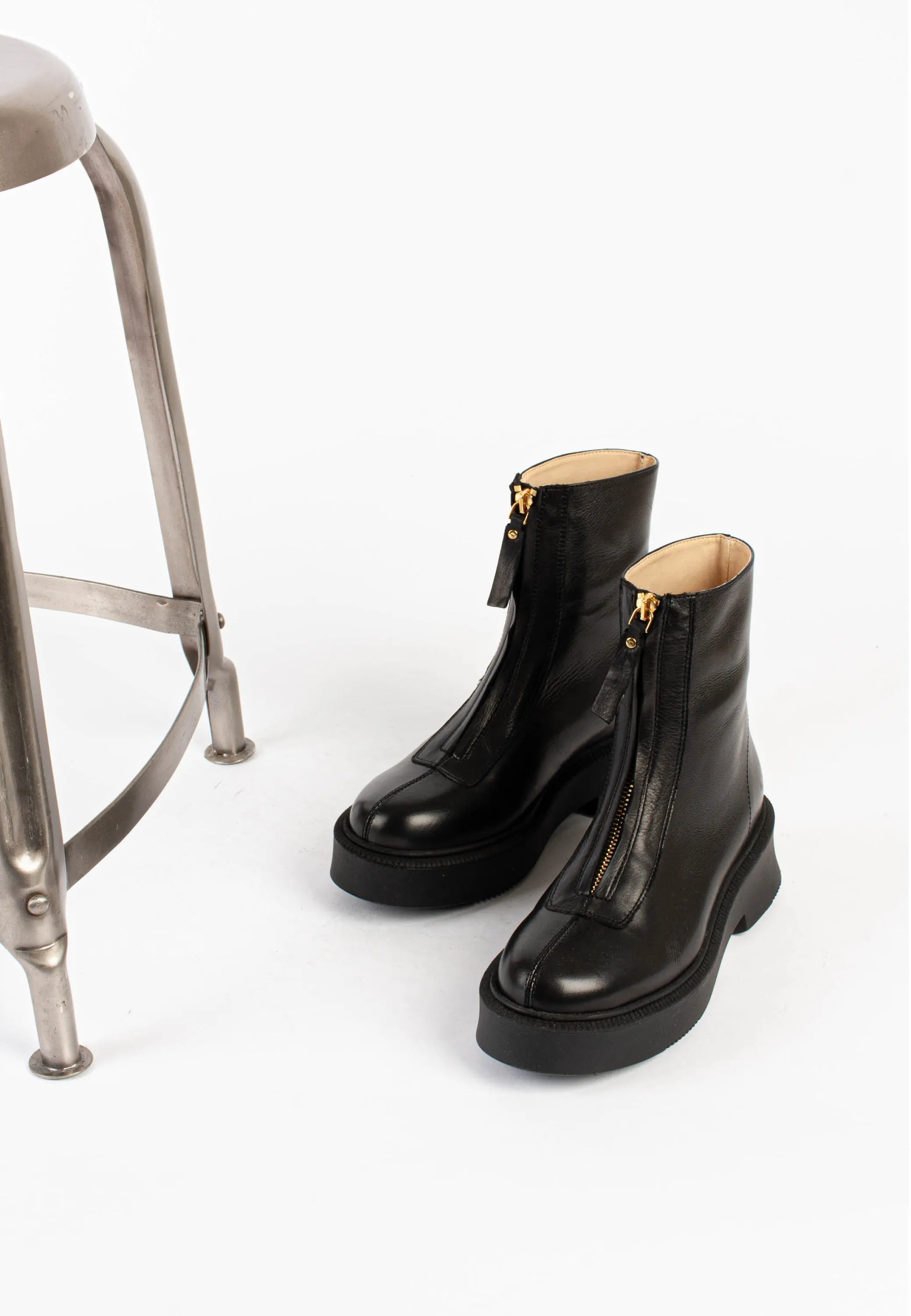 Vela Front Zip All Black Ankle Boots