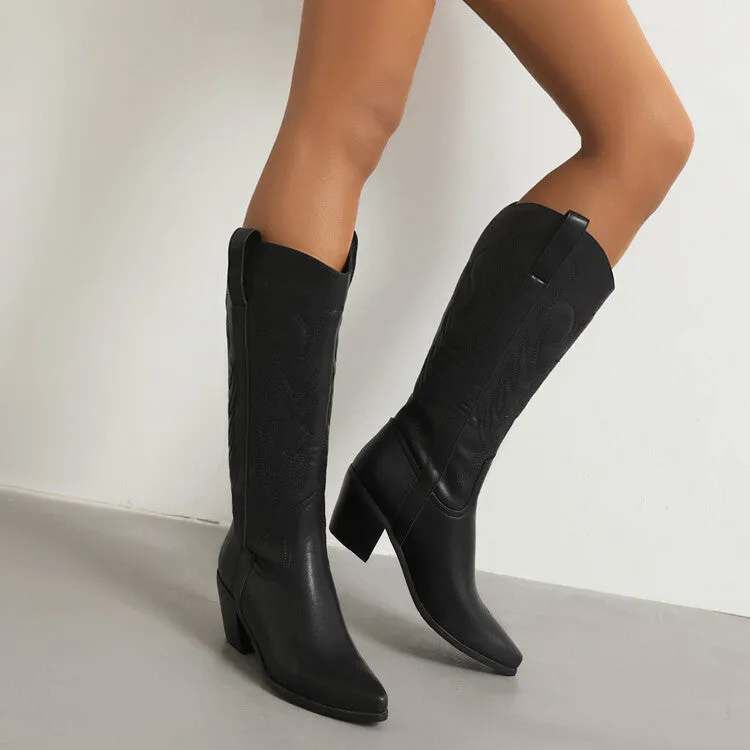 Women Western Cowboy Pointed Toe Knee High Pull On Tabs Boots