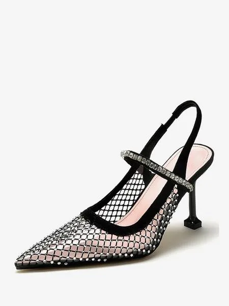 Women's Slingback Heels Mesh Black Rhinstones Stiletto Heel Pumps Party Shoes