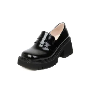 Women's Square Toe Block Chunky Heel Platform Loafers