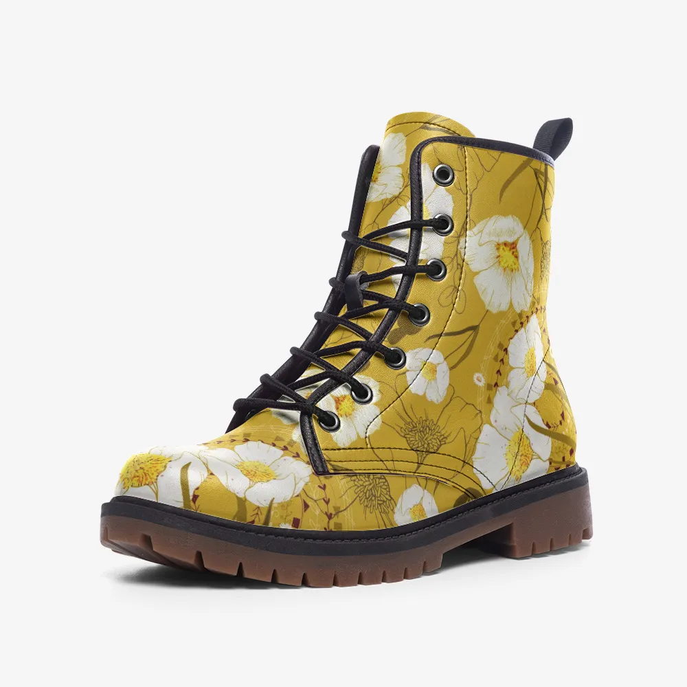 Yellow Floral Lace Up Boots