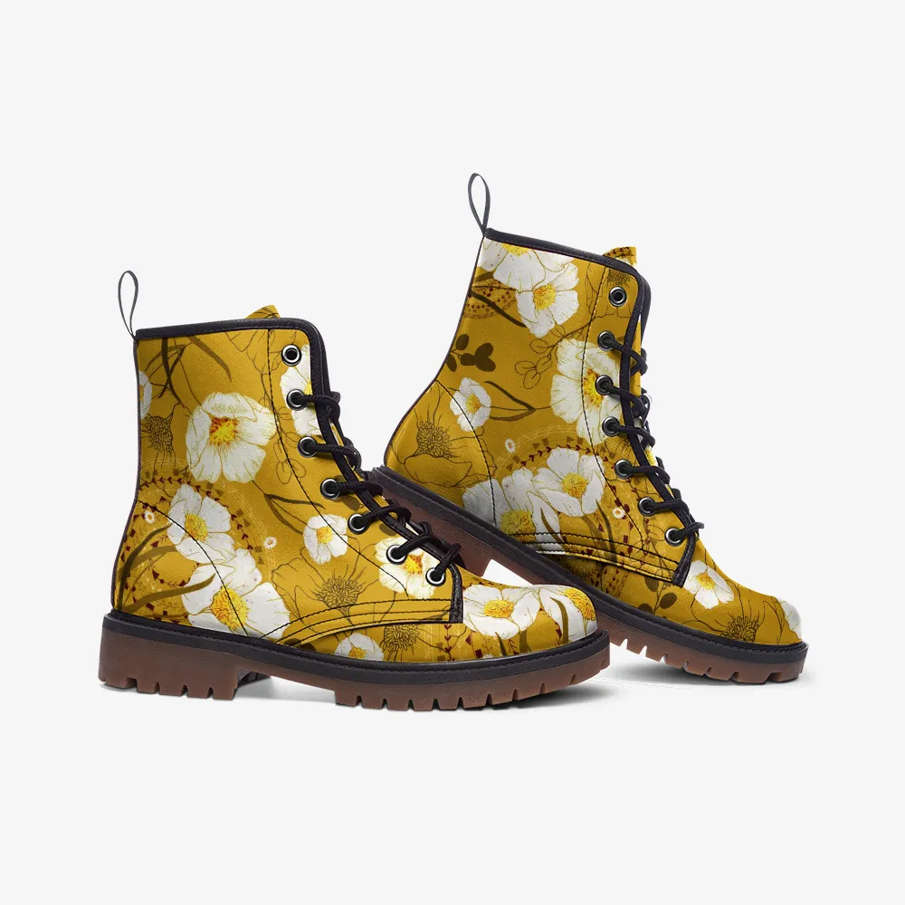 Yellow Floral Lace Up Boots